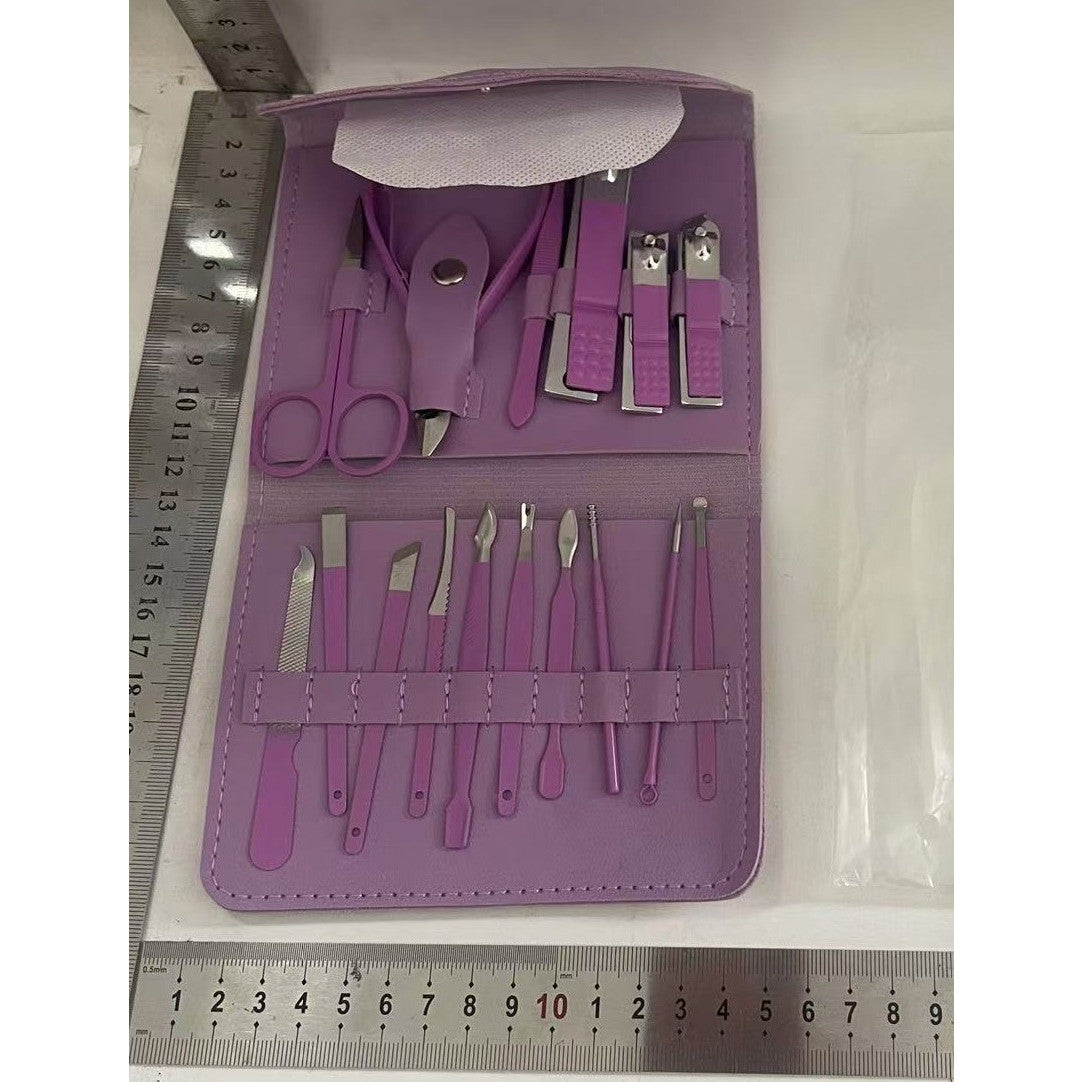 Set Manichiura si Pedichiura Profesionist, Kit Ingrijire Faciala 16 Piese, Otel Carbon, Etui Piele Ecologica, Mov
