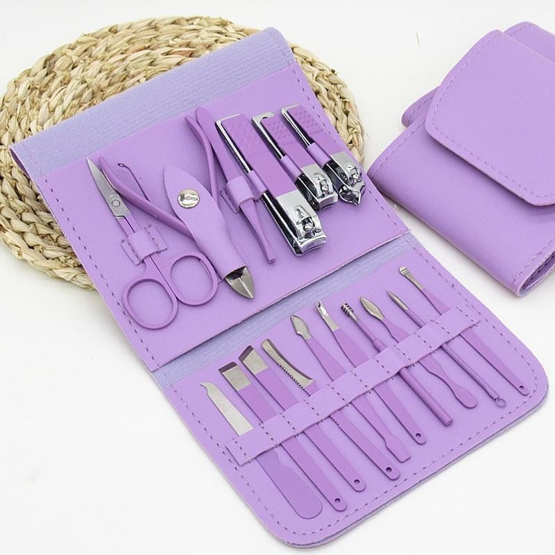 Set Manichiura si Pedichiura Profesionist, Kit Ingrijire Faciala 16 Piese, Otel Carbon, Etui Piele Ecologica, Mov