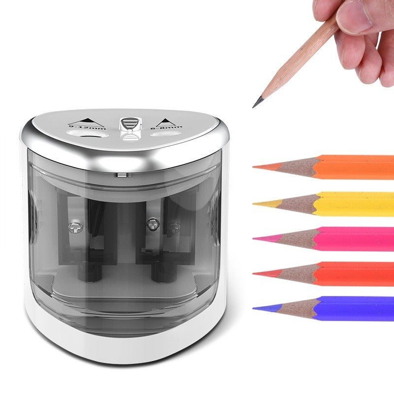 Ascutitoare Electrica cu 2 Gauri pentru Creioane Standard si Groase, Compatibila 6-12 mm, Alimentare 4 Baterii AA, Plastic Rezistent, 7.5 x 7.5 x 7.5 cm, Gri