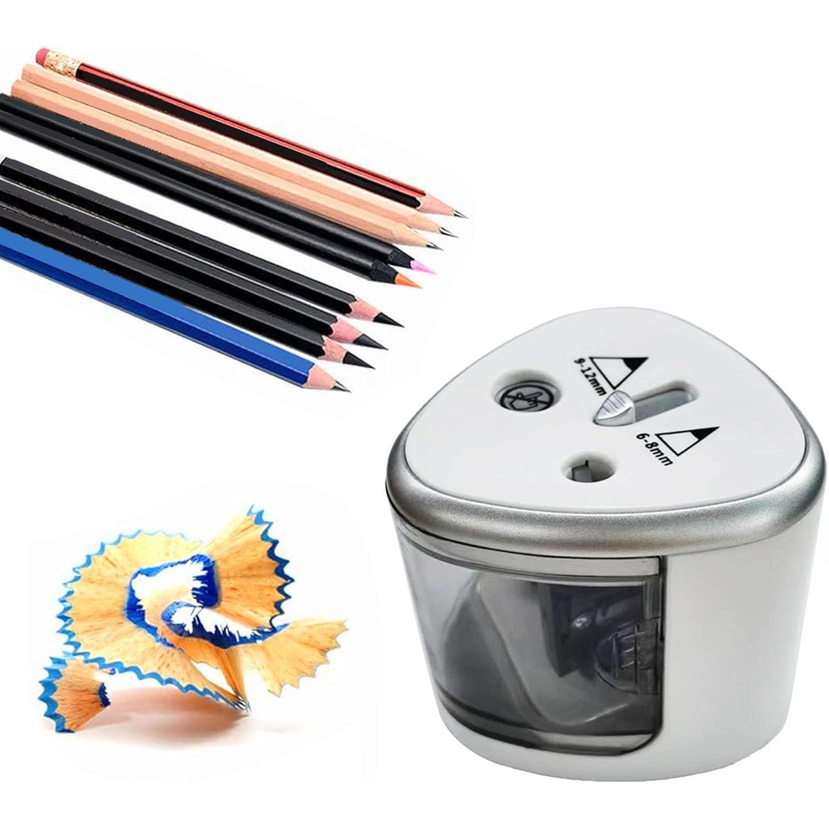 Ascutitoare Electrica cu 2 Gauri pentru Creioane Standard si Groase, Compatibila 6-12 mm, Alimentare 4 Baterii AA, Plastic Rezistent, 7.5 x 7.5 x 7.5 cm, Gri