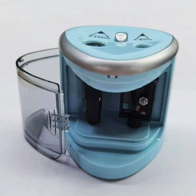 Ascutitoare Electrica cu 2 Gauri, pentru Creioane Standard si Groase 6-12 mm, Alimentare 4 Baterii AA, Plastic, 7.5 x 7.5 x 7.5 cm, Albastru