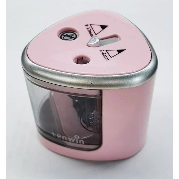 Ascuțitoare Electrică cu 2 Găuri pentru Creioane Standard și Groase 6-12 mm, Plastic Rezistent, 4 Baterii AA, 7.5 x 7.5 x 7.5 cm, Roz
