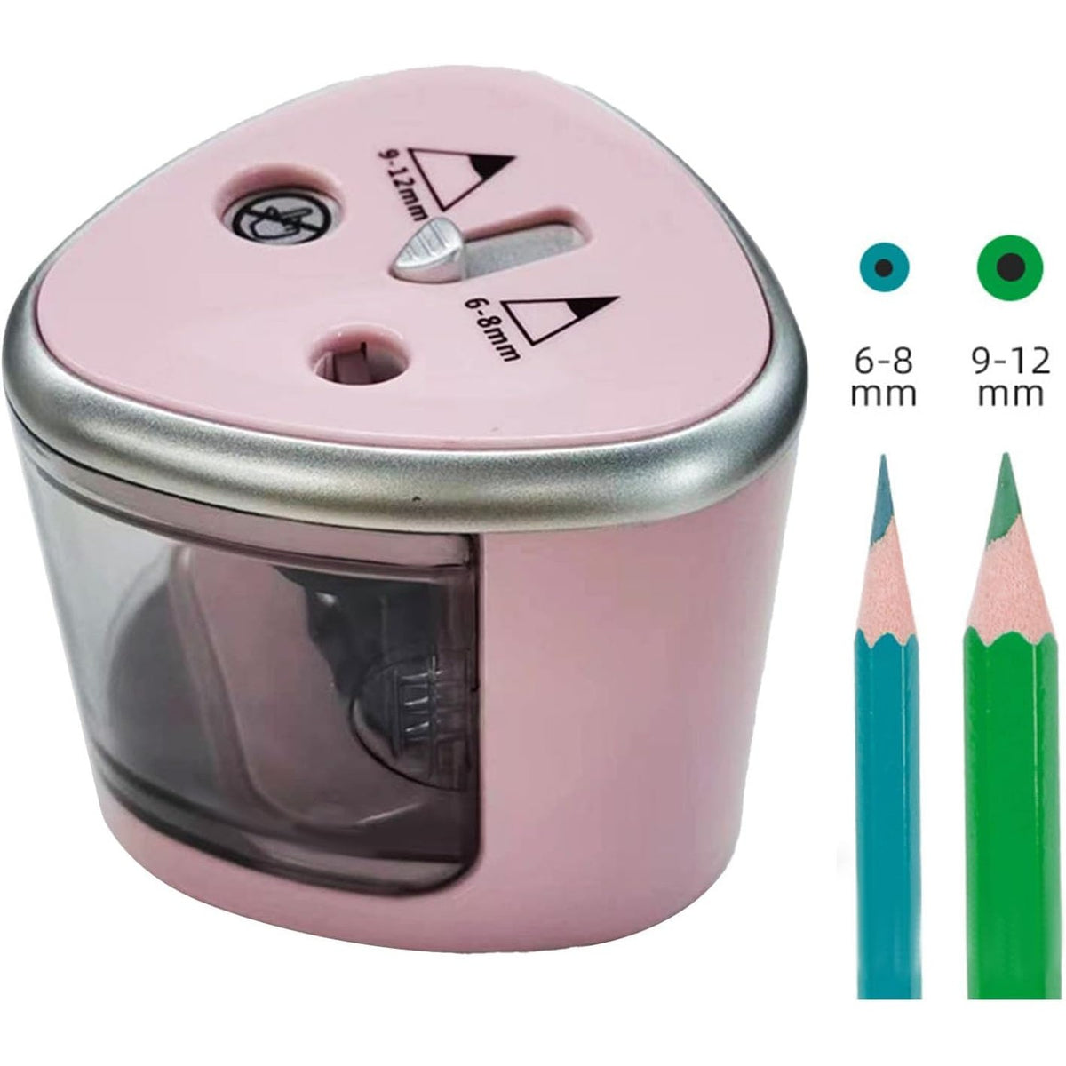 Ascuțitoare Electrică cu 2 Găuri pentru Creioane Standard și Groase 6-12 mm, Plastic Rezistent, 4 Baterii AA, 7.5 x 7.5 x 7.5 cm, Roz