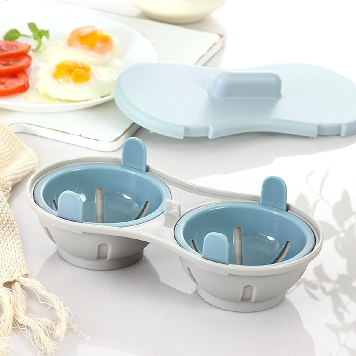 Recipient pentru Gatit Oua la Cuptorul cu Microunde, Forma Dubla pentru Oua Posate, Baza Antiderapanta, Plastic PP, 22 x 11.8 x 8 cm, Albastru