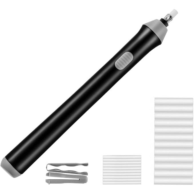 Radiera Electrica pentru Schite si Arta, Guma de Sters cu 2 Grosimi 3 mm si 5 mm, Design Ergonomic, Material ABS, 20 Rezerve Incluse, Alimentare 2 Baterii AA, Negru
