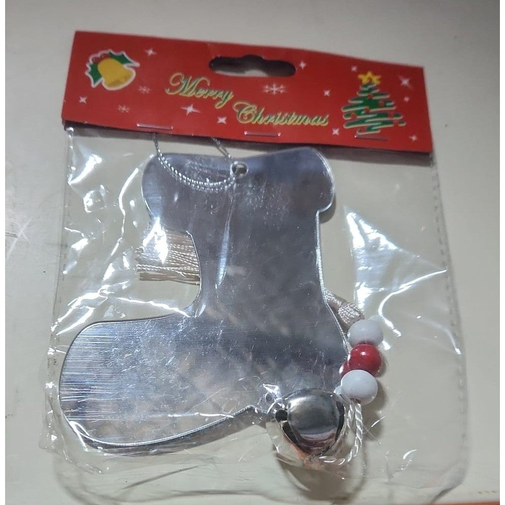 Decoratiune de Craciun pentru Brad, Cizma de Mos cu Clopotel Metalic, Plastic Lucios, Argintiu, 10.5 cm