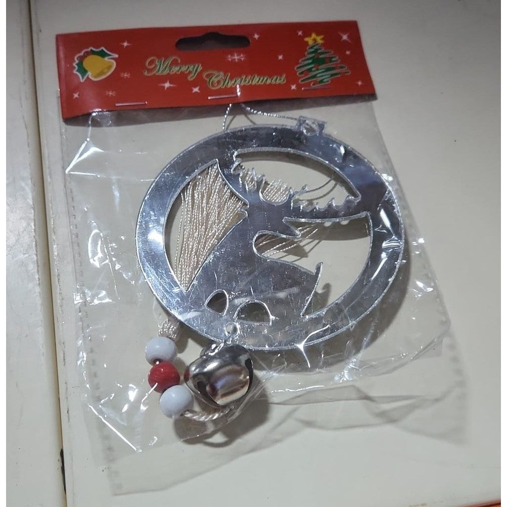 Ornament Craciun Pentru Brad, Figurina Model Ren Cu Clopotel, Finisaj Lucios, Plastic Si Acril, Argintiu Metalizat