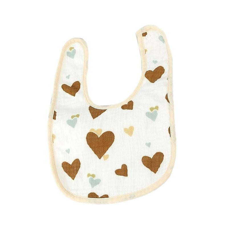 Baveta Bebelusi In Forma de U, Protectie Impermeabila, 100% Bumbac cu 4 Straturi, Inchidere cu Capse Ajustabile, 21x30 cm, Model Inimioare, Bej