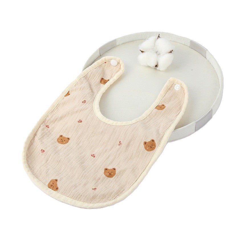 Bavetă în Formă de U pentru Bebeluși, Protecție Rezistentă la Apă și Salivare, 100% Bumbac cu 4 Straturi, Închidere cu Capse Ajustabile, 21x30 cm, Bej cu Imprimeu Ursuleți