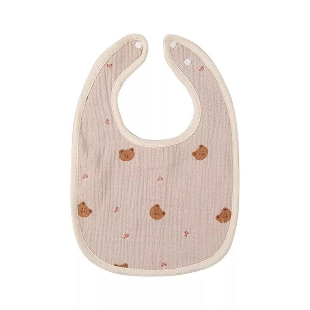 Bavetă în Formă de U pentru Bebeluși, Protecție Rezistentă la Apă și Salivare, 100% Bumbac cu 4 Straturi, Închidere cu Capse Ajustabile, 21x30 cm, Bej cu Imprimeu Ursuleți