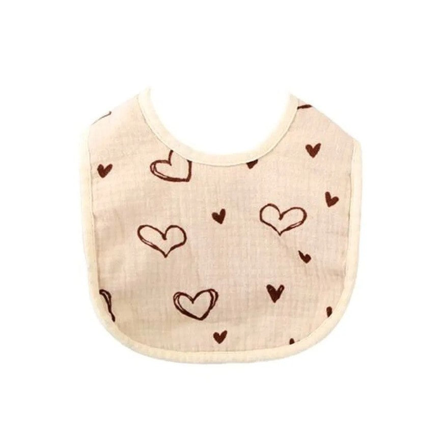 Baveta Bebelusi in Forma de U, Protectie Impermeabila si Absorbanta, 100% Bumbac cu 4 Straturi, Inchidere cu Capse, Model Inimi, 21x30 cm, Bej