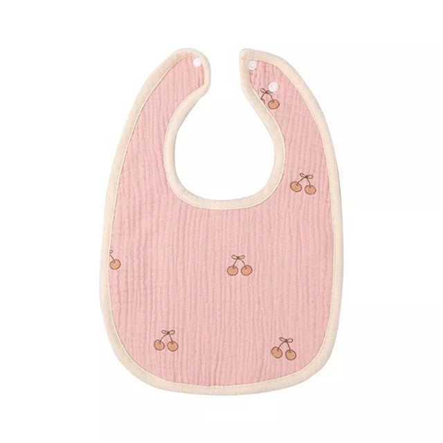 Baveta Bebelusi in Forma de U, Protectie Dentitie si Salivare, Bumbac 100% cu 4 Straturi, Inchidere cu Capse, 21x30 cm, Roz cu Model Cirese