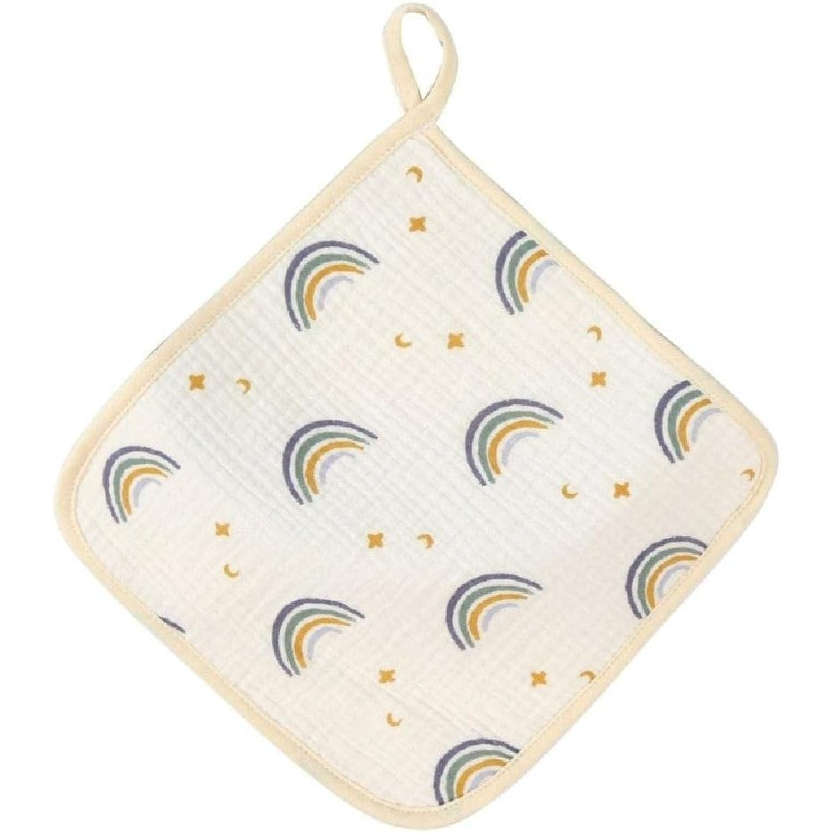 Prosop Bebelusi Absorbant, 6 Straturi Tifon Creponat, Bumbac 100% Moale, cu Agatatoare, Model Curcubeu, 25 x 25 cm, Bej