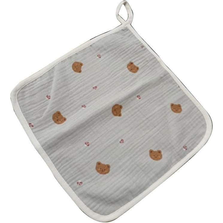 Prosop Absorbant Bebelusi, 6 Straturi Tifon Creponat, 100% Bumbac Moale cu Agatatoare, Model Ursuleti, Crem, 25 x 25 cm