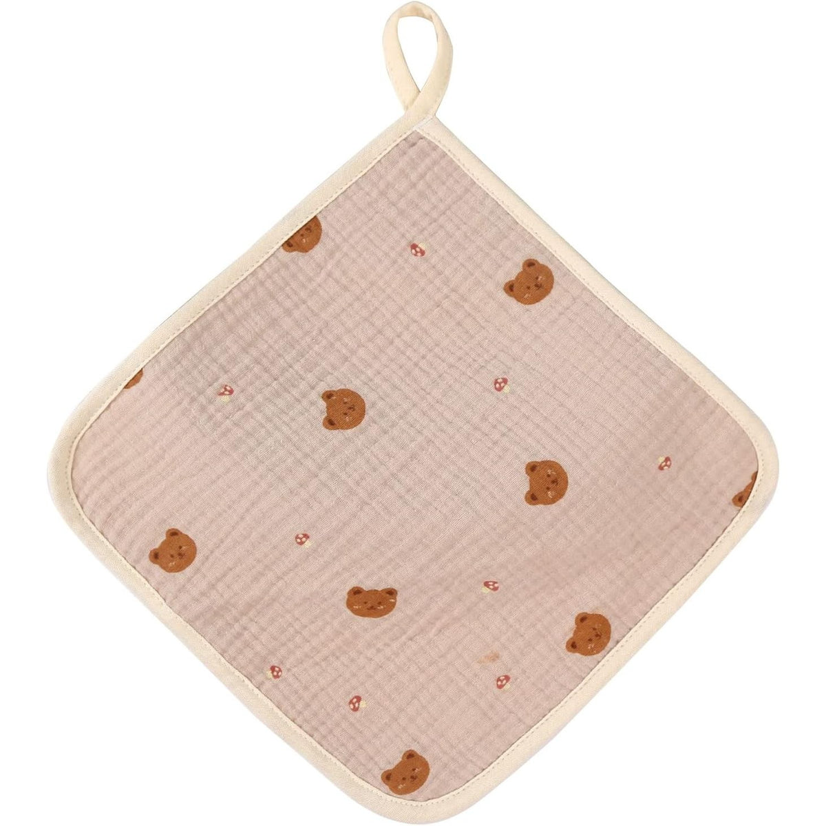 Prosop Absorbant Bebelusi, 6 Straturi Tifon Creponat, 100% Bumbac Moale cu Agatatoare, Model Ursuleti, Crem, 25 x 25 cm