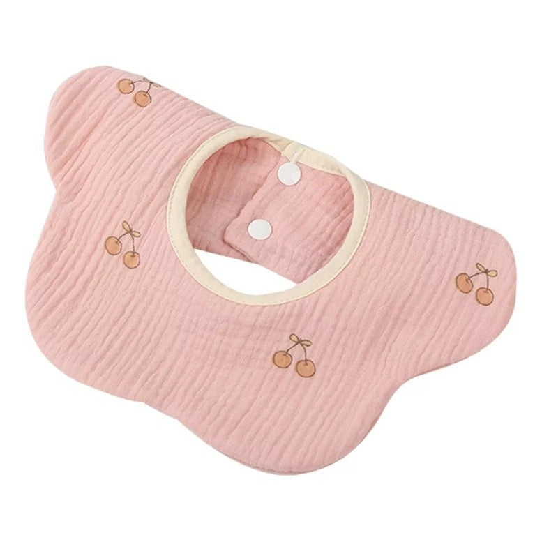 Baveta Tip Floare pentru Bebelusi, 8 Straturi Absorbante si Impermeabile, Rotire 360 Grade, Bumbac 100%, Inchidere cu Capse, 0-12 Luni, 26 x 29 cm, Roz cu Cirese