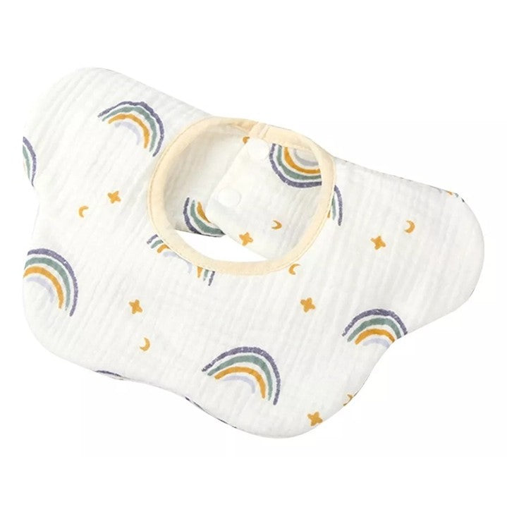 Baveta Tip Floare pentru Bebelusi, 8 Straturi Absorbante, Protectie Impermeabila cu Rotire 360 Grade, Bumbac 100%, Inchidere cu Capse, 0-12 Luni, 26 x 29 cm, Model Curcubeu, Alb