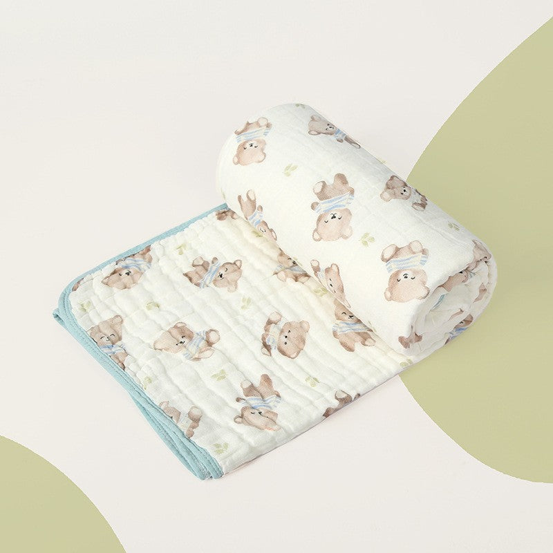 Prosop de Baie pentru Bebelusi si Copii, Tifon din Bumbac cu 6 Straturi, Absorbant si Moale, Model Ursuleti, Bej Albastru, 110x110 cm