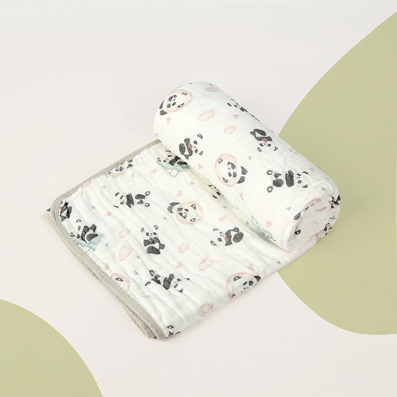 Prosop Baie Bebelusi din Tifon de Bumbac, Patura Absorbanta cu 6 Straturi, Muselina Moale pentru Copii, 110x110 cm, Model Panda, Bej Verde