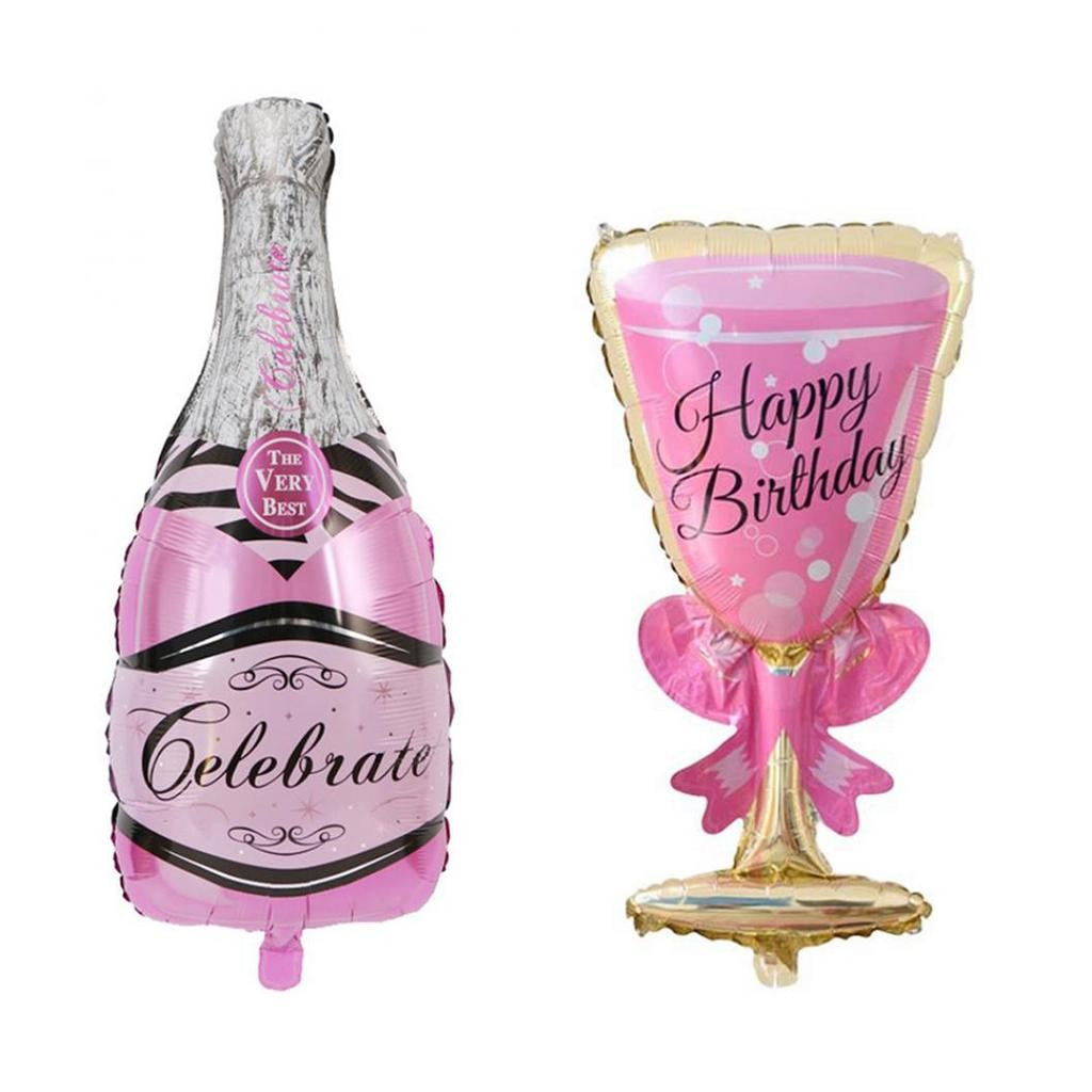 Set 2 Baloane Aniversare Happy Birthday, Model Sticla de Sampanie si Pahar, Folie de Aluminiu, Reutilizabile, Roz, Sticla 108 x 50 cm, Pahar 93 x 48 cm