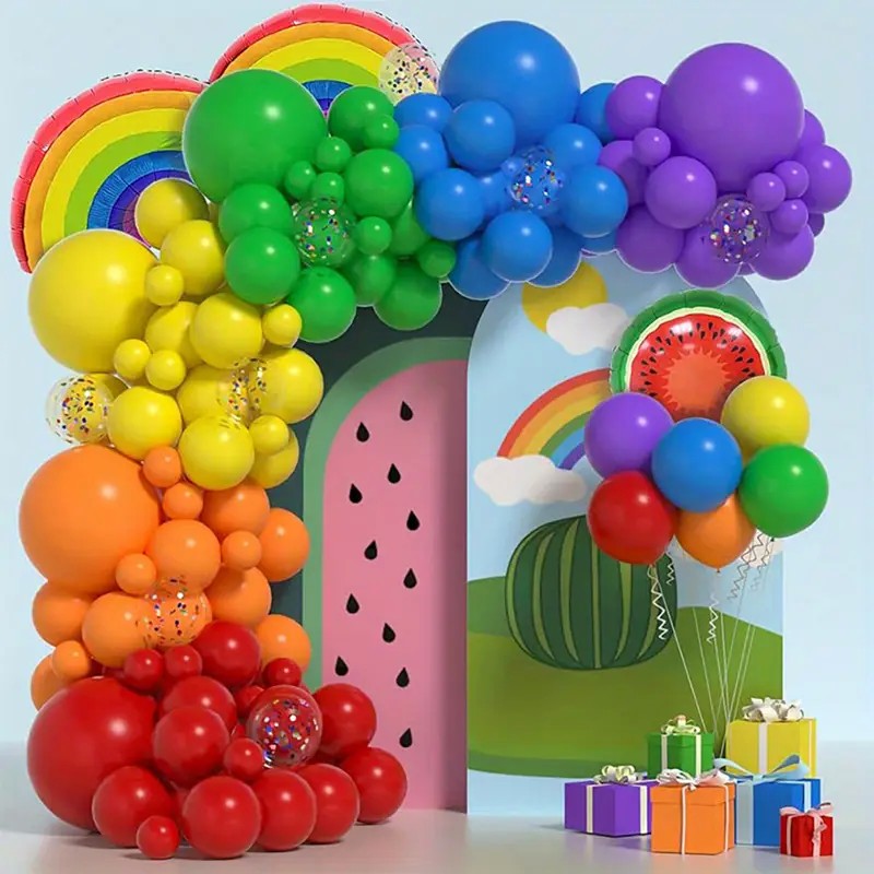 Set 107 Baloane Decorative pentru Arcada, Kit Complet Aniversare si Evenimente, Model Curcubeu, Material Latex, Multicolor