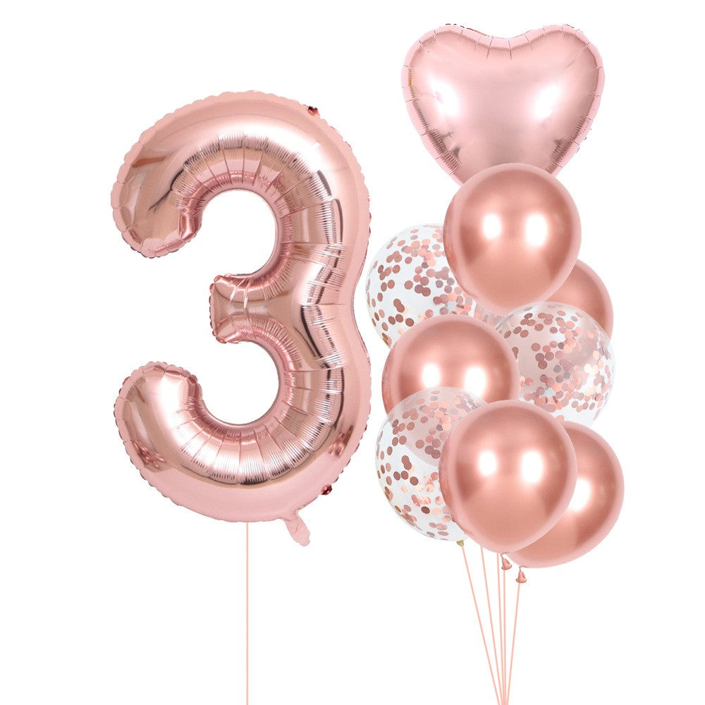 Set 10 Baloane Aniversare, Cifra 3 de 81 cm, Figurina Inima 45 cm si Baloane Latex 25 cm, Folie si Latex, Roz Pal