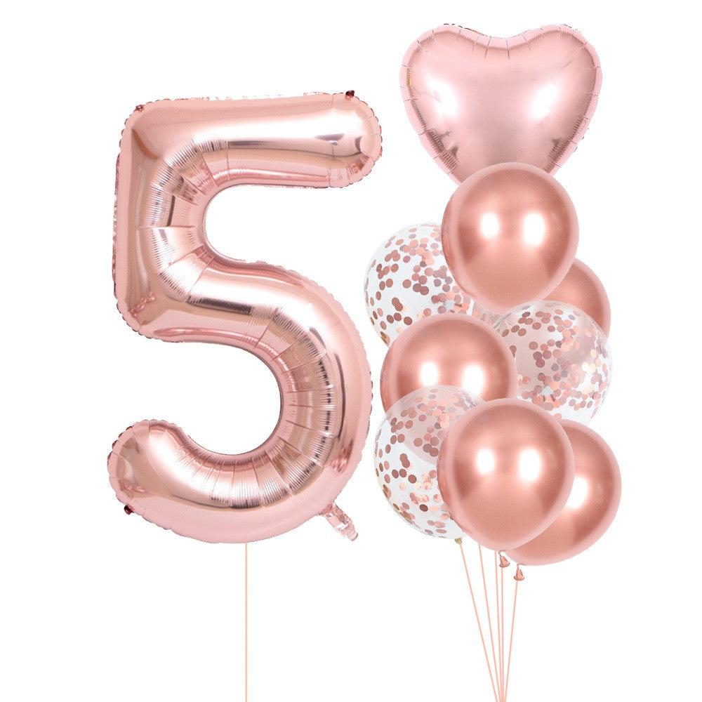 Set 10 Baloane Aniversare Cifra 5, Decoratiuni Petrecere cu Figurina Inima si Latex, Umflare Aer sau Heliu, Folie Aluminiu, Roz Pal, 81 cm/45 cm/25 cm