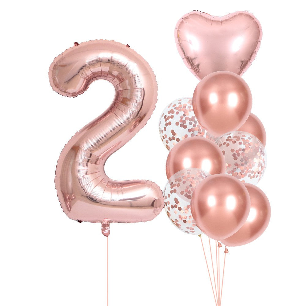 Set 10 Baloane Aniversare Cifra 2, Tematica Petrecere, Folie si Latex, Include Cifra 81 cm si Inima 45 cm, Umflare Aer sau Heliu, Roz Pal