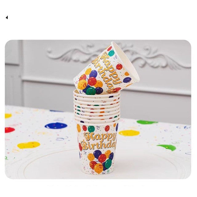 Set 10 Pahare Carton Petrecere, Design Happy Birthday și Baloane, Pahare Unică Folosință Aniversare, Multicolor, 250 ml, Set 10 Bucăți