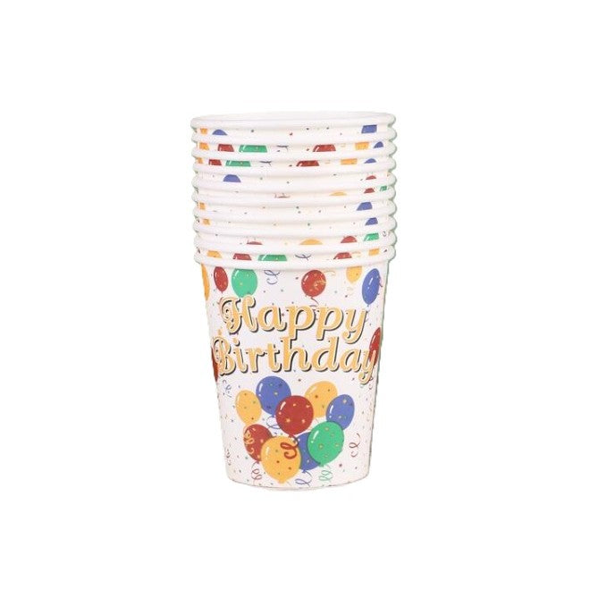 Set 10 Pahare Carton Petrecere, Design Happy Birthday și Baloane, Pahare Unică Folosință Aniversare, Multicolor, 250 ml, Set 10 Bucăți