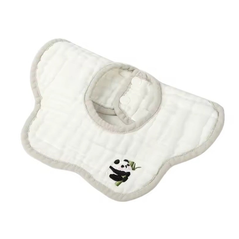 Baveta Bebe Tip Floare, Rotire 360 Grade, Impermeabila cu 8 Straturi Absorbante, Bumbac 100%, Model Tricotat cu Panda, 0-12 Luni, 26 x 29 cm, Alb