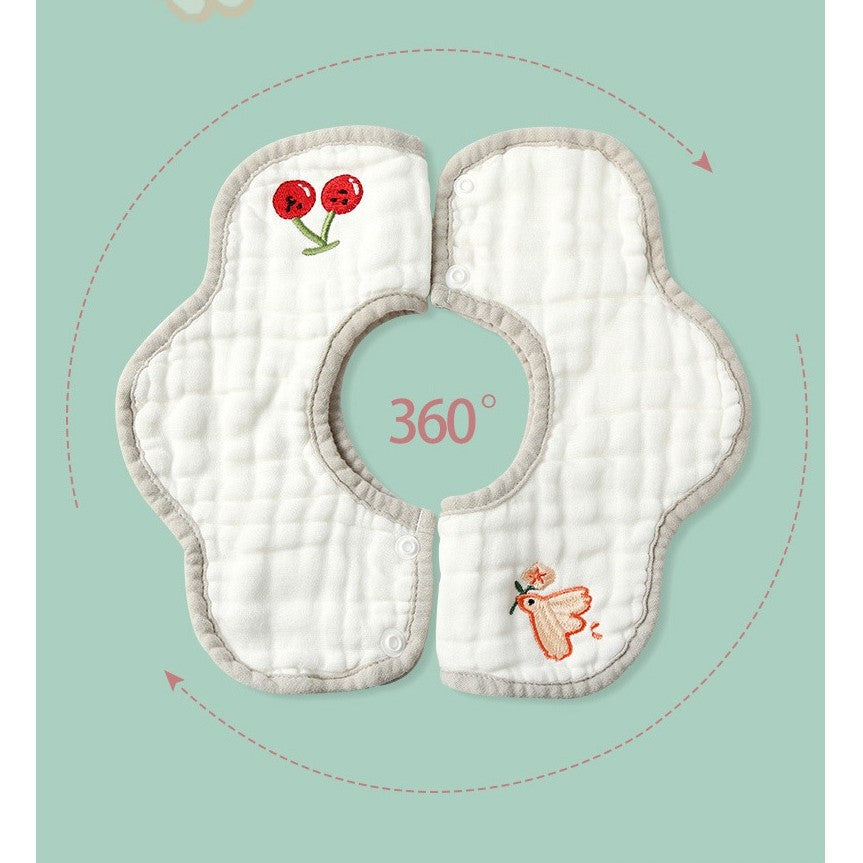 Baveta Tip Floare pentru Bebelusi, Protectie Rezistenta la Apa, 8 Straturi Absorbante, Bumbac 100%, Model Tricotat cu Panda, Inchidere Capse, 0-12 Luni, 26 x 29 cm, Alb