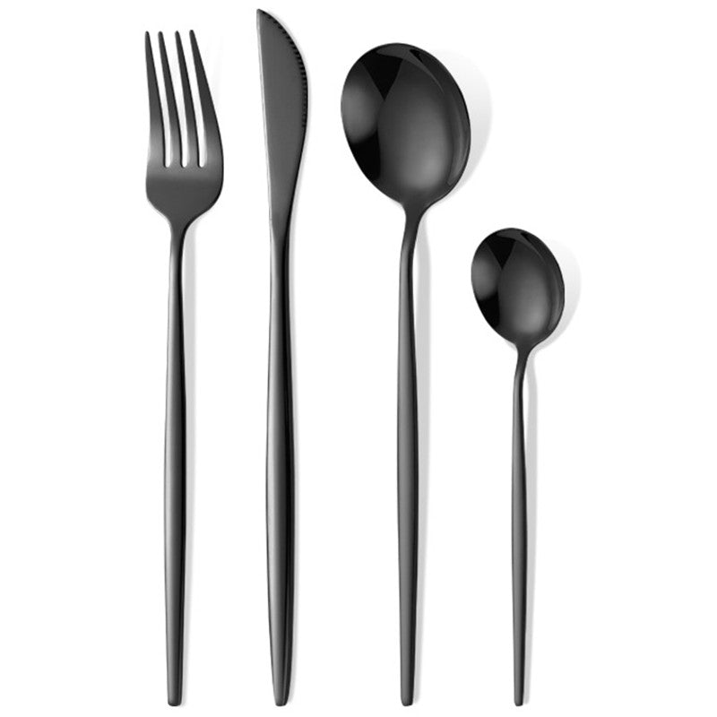 Set Tacamuri Portugheze, Serviciu Masa 24 Piese, Design Modern, Otel Inoxidabil, 6 Persoane, Cutite, Furculite, Linguri si Lingurite, Negru Cosmic