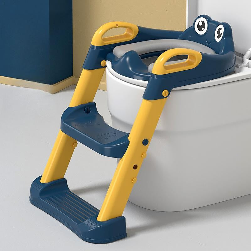 Reductor WC Si Scaunel Inaltator Pentru Copii 1-7 Ani, 2 Trepte Reglabile, Pliabil Cu Spatar Si Manere, Colac Moale PVC, Plastic, 58 x 39.5 x 35 cm, Albastru/Portocaliu