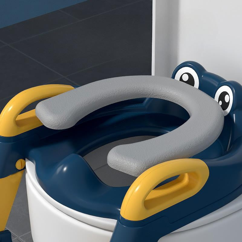 Reductor WC Si Scaunel Inaltator Pentru Copii 1-7 Ani, 2 Trepte Reglabile, Pliabil Cu Spatar Si Manere, Colac Moale PVC, Plastic, 58 x 39.5 x 35 cm, Albastru/Portocaliu