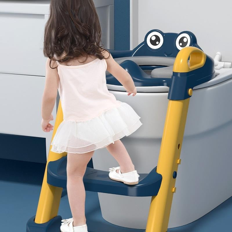Reductor WC Si Scaunel Inaltator Pentru Copii 1-7 Ani, 2 Trepte Reglabile, Pliabil Cu Spatar Si Manere, Colac Moale PVC, Plastic, 58 x 39.5 x 35 cm, Albastru/Portocaliu