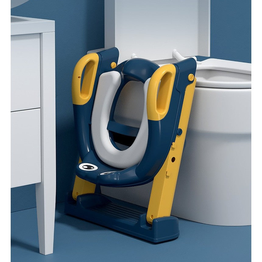 Reductor WC Si Scaunel Inaltator Pentru Copii 1-7 Ani, 2 Trepte Reglabile, Pliabil Cu Spatar Si Manere, Colac Moale PVC, Plastic, 58 x 39.5 x 35 cm, Albastru/Portocaliu