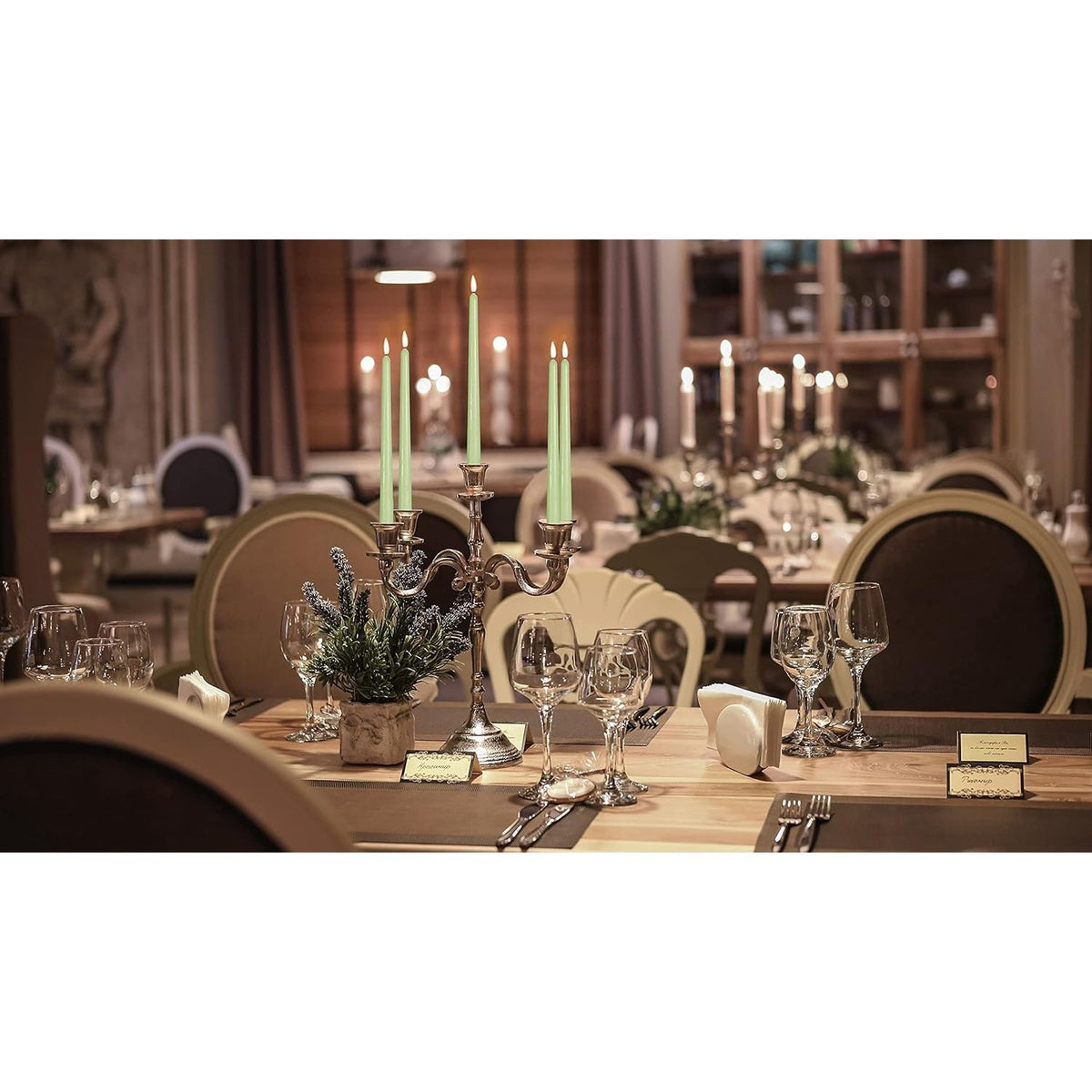Set Lumânări Pentru Masă, Lumânări Conice Fără Fum și Fără Miros, Ardere Curată, Parafină, 2.2 x 25 cm, Verde, 4 Bucăți