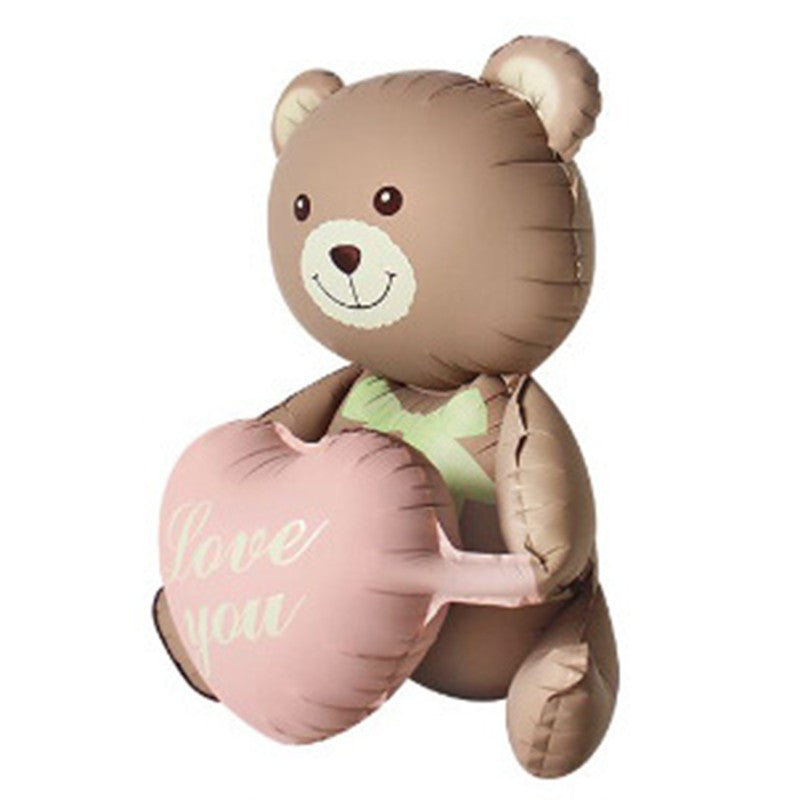 Balon Figurina Ursulet cu Inimioare, Decoratiune Petrecere Animata, Folie Metalizata, Umflare Aer sau Heliu, Pai Inclus, 105.5 x 66.5 cm, Maro