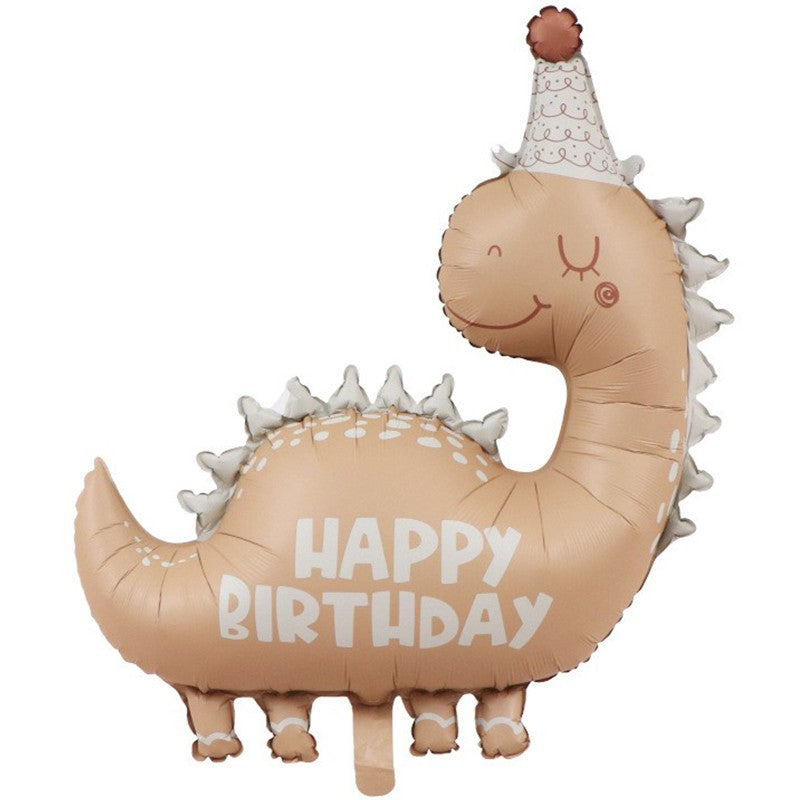 Balon din Folie Metalizata, Figurina Dinozaur Happy Birthday, Animatie 3D, Umflare Aer sau Heliu, Maro, 80 x 77 cm