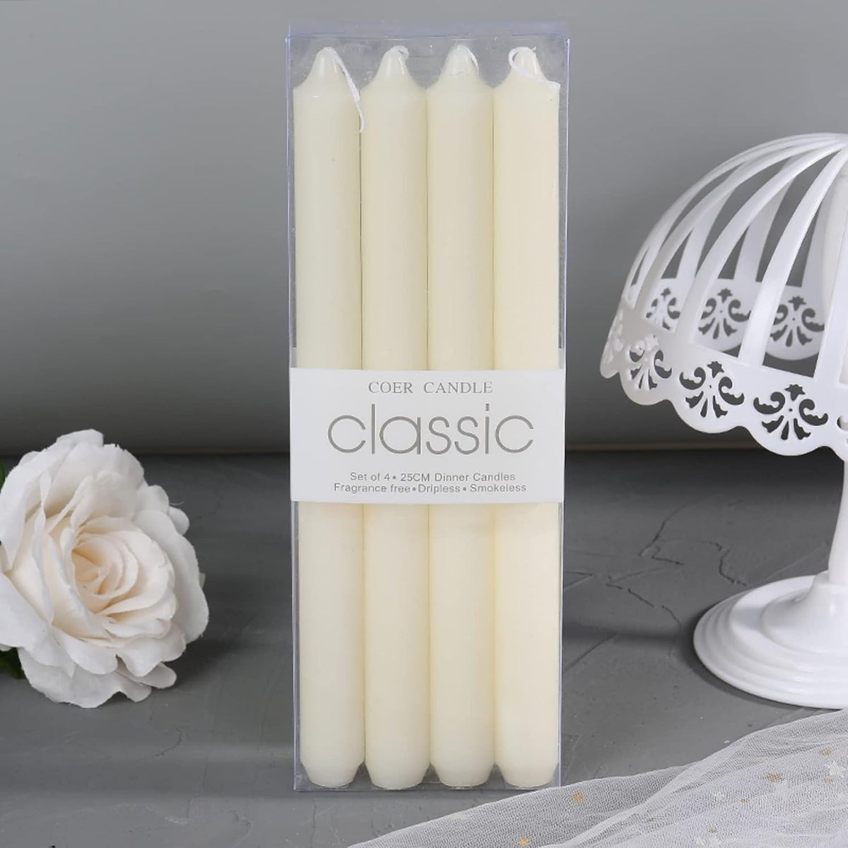 Set Lumânări Decorative pentru Masă, Fără Miros și Fum, Design Cilindric Antipicurare, Parafină de Înaltă Calitate, 2.2 x 25 cm, 4 Bucăți, Alb