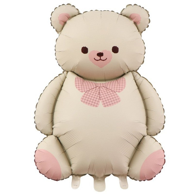 Balon din Folie Metalizata, Figurina Animata Model Ursulet 3D, Decoratiune Petrecere cu Pai Inclus, Umflare Aer sau Heliu, 89 x 65 cm, Bej Sampanie