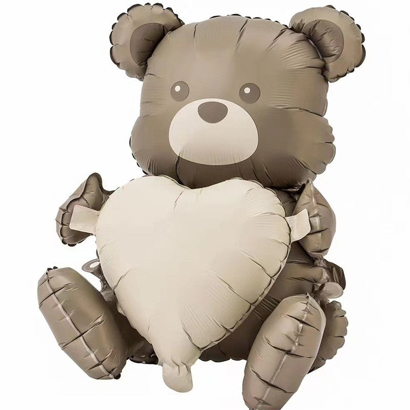 Balon din Folie Metalizata, Figurina Ursulet cu Inima, Umflare Aer sau Heliu, Include Pai, Maro Bronz, 65 x 65 cm