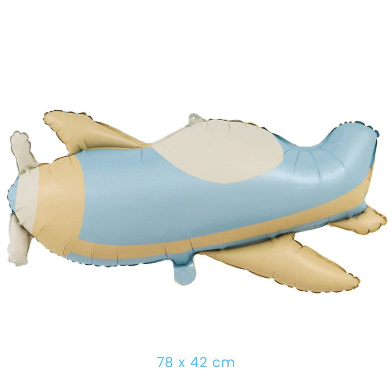 Balon din Folie Metalizata, Model Avion, Figurina Animata Decorativa, Umflare cu Aer sau Heliu, Pai Inclus, 78 x 42 cm, Albastru Deschis