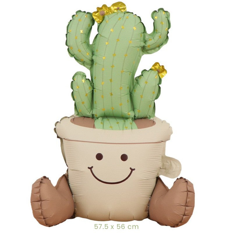 Balon din Folie Metalizata Cactus in Ghiveci, Figurina Animata pentru Petrecere, Umflare Aer sau Heliu, Include Pai, 57.5 x 56 cm, Verde