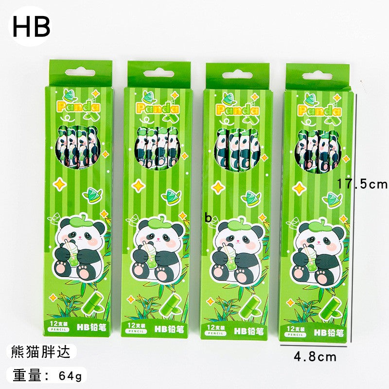 Set 12 Creioane Grafit 2B cu Radieră, Creioane Negre pentru Școală și Desen, Model Panda, Lemn, Verde, 12 Bucăți