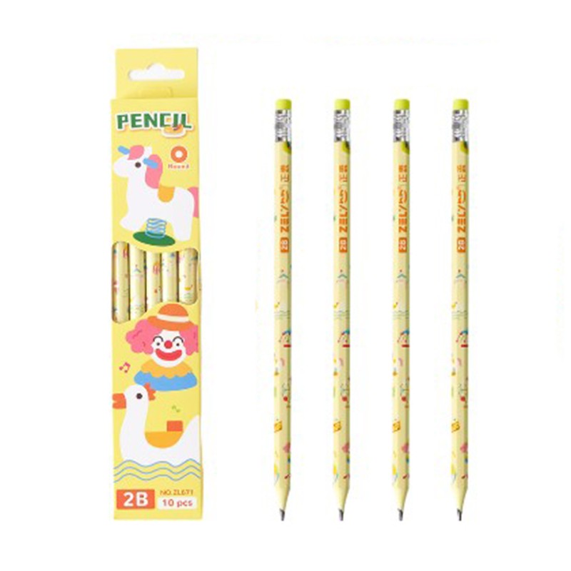 Set 10 Creioane Grafit 2B cu Radiera, Creioane pentru Scoala si Desen, Corp Lemn, Model Galben cu Circ, 10 Bucati