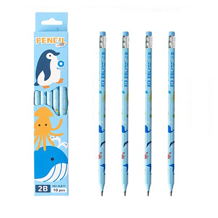 Set 10 Creioane Grafit 2B cu Radiera, Instrumente de Scris pentru Elevi si Scoala, Corp din Lemn, Model Albastru cu Pinguini
