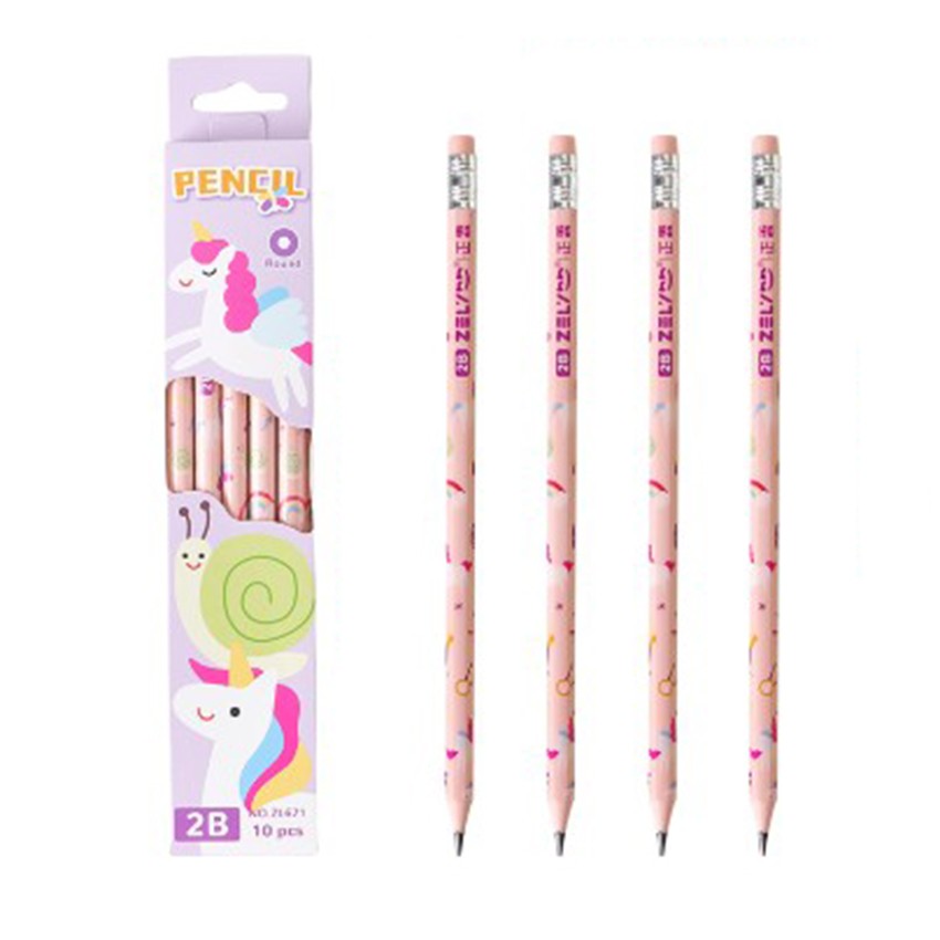 Set 10 Creioane Grafit 2B cu Radiera, Creioane de Scris pentru Scoala si Desen, Lemn, Model Roz cu Unicorni