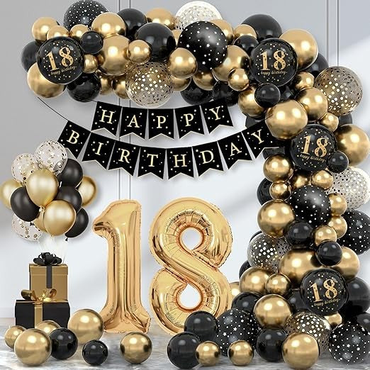 Set Baloane Aniversare Majorat 18 Ani, Cifre Gigant 1 si 8 din Folie, Baloane Latex, Umflare Aer sau Heliu, Pai Inclus, Negru si Auriu